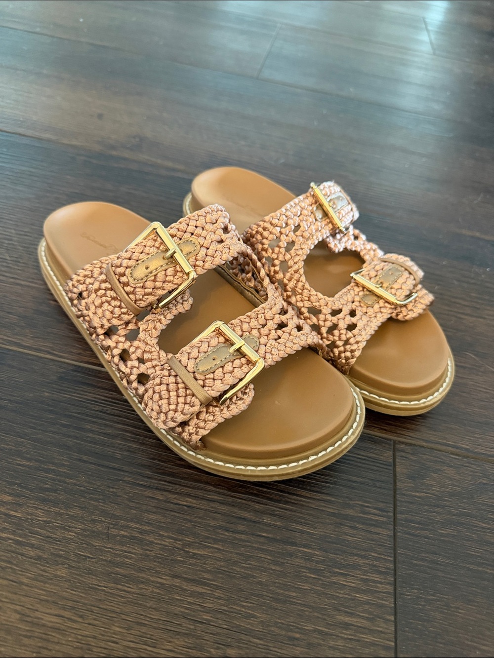 Womens Braided Double-Buckle Sandals - tan